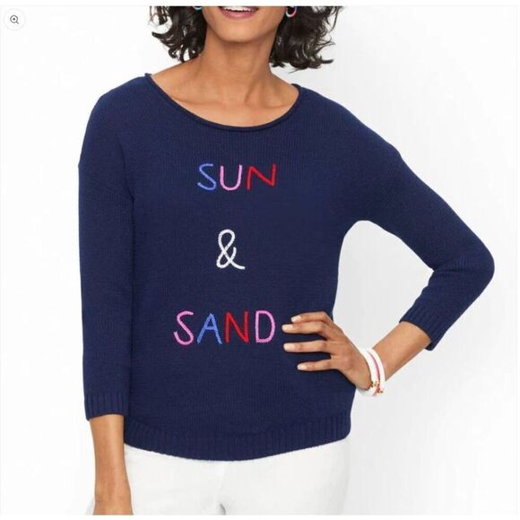 Talbots Women's Embroidered Sun & sand 3/4 Sleeve Navy Sweater Size Small Petite - Picture 1 of 6